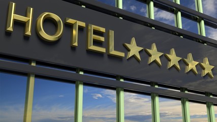 Fototapeta premium Metallic glass hotel sign board with five golden stars, text and blue sky as background.