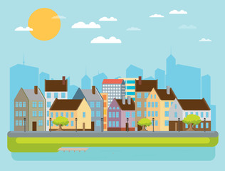 City landscape with sea. Vector illustration