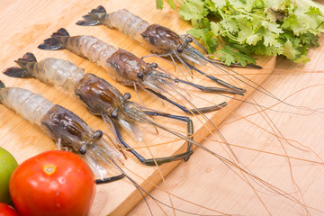 Raw tiger Fresh shrimps with vegetables