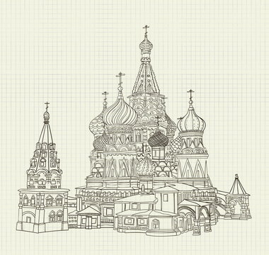 handwritten ink drawing of the Russian Church on notebook sheet