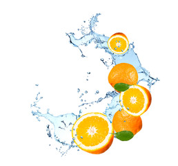 Fresh fruits, orange falling in water splash, isolated on white background