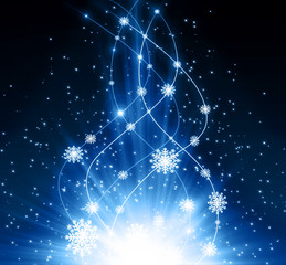 Snowflakes and stars shining descending on blue background. Christmas star