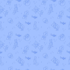 Seamless pattern with sleeping foxes with pillows.