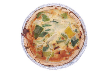 Quiche with leek and cheese in aluminium tin