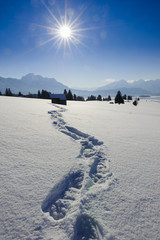 Winterlandschaft in Bayern im Allgäu mit Fußspur im Schnee