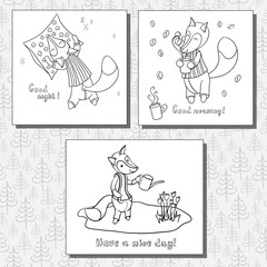 Set of images with cute cartoon fox.