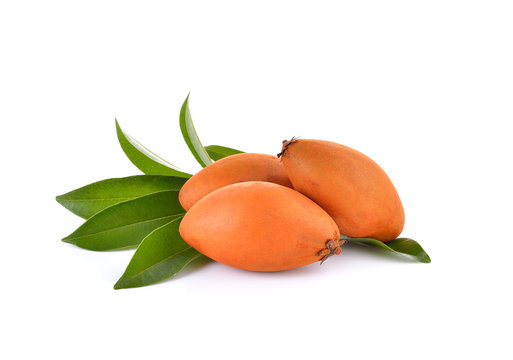 Fresh sapodilla with leaves  on white background