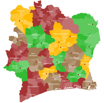 A large and detailed map of Ivory Coast with all provinces, regions and main cities.