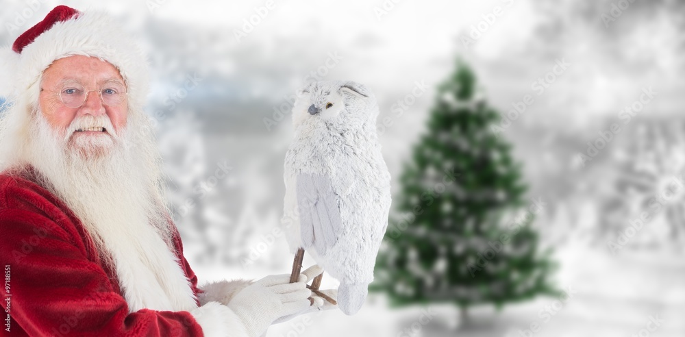 Poster Composite image of father christmas holds an owl