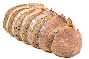 Stack of slices of bread on white background.