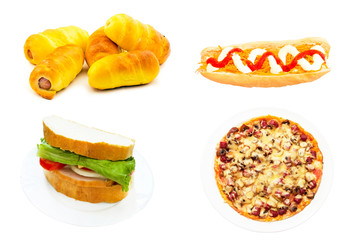 Sausage in the dough, hot dog, sandwich and pizza