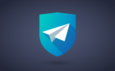 Long shadow shield icon with a paper plane