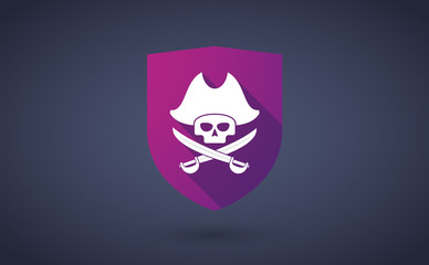 Long shadow shield icon with a pirate skull