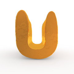 3d rendering of the letter U in gold metal on a white isolated b