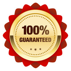 100% guaranteed seal or icon. Glossy golden seal or button with stars and red color.