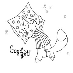 Cute cartoon sleeping fox in striped pajamas