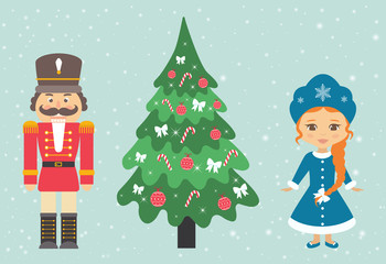 snow maiden and nutcracker and fir-tree