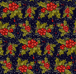 print, seamless pattern with a holly branch on a dark background