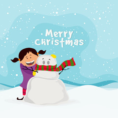Cute girl with snowman for Merry Christmas.