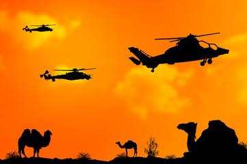 Fototapeta na wymiar Helicopters or choppers silhouette on desert sunset background