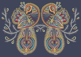 Obraz premium ethnic folk art of two peacock bird with flowering branch design