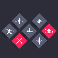 Rowing, kayak, canoe, rower, rafting, oars rhombic icons, vector illustration © nexusby