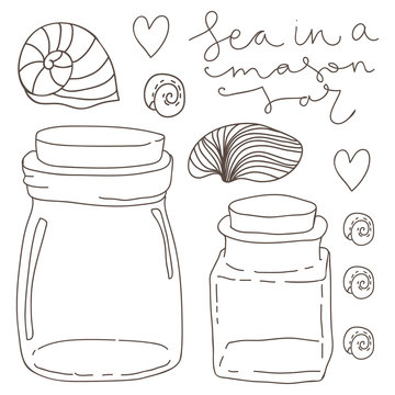 Sea in a jar.  Mason jars and seashells.