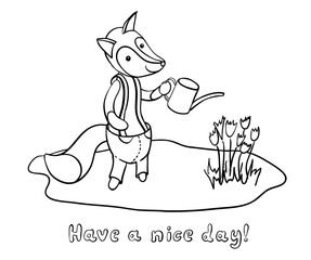 Cute cartoon fox in trousers watering flowers