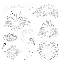 Set fireworks in black outline. Explosion templates for holiday 