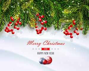 Christmas greeting card with fir branches and red berries on the snow.