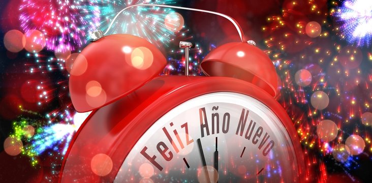 Composite image of feliz ano nuevo in red alarm clock