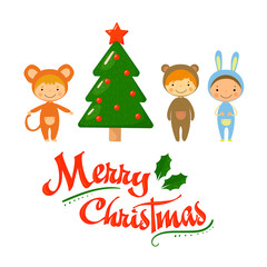 Cute kids and Christmas elements vector