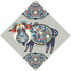 unusual animal, folk illustration in rhombus composition