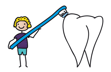 Gesundheit - Zahnpflege bei Kindern, Junge mit Zahnbürste putzt einen Backenzahn - Vorbeugung gegen Karies und für eine gute Mundhygiene