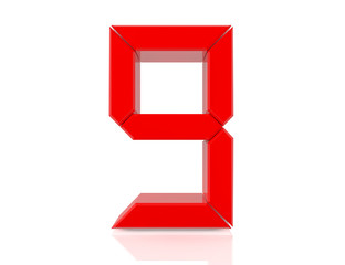 Digital red number 9 on white background 3d rendering