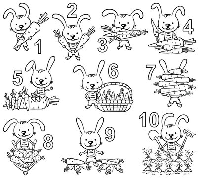 Numbers in cartoon pictures set, rabbit and his carrots