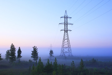 Obraz premium Electric wires among fog