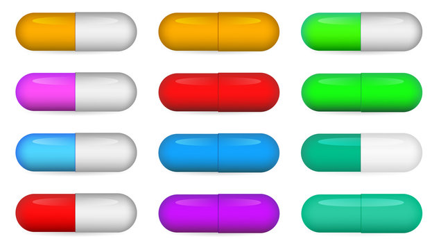 Medical pills set, different colors vectors collection.