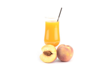 fresh peaches juice and fruit on white background