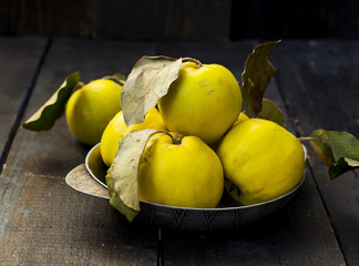 quince in the iron plate on a dark background