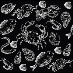 seafood collection seamless pattern