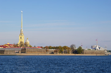 Views of Peter and Paul fortress and Cathedral on Zayachy island on Neva river, St.Petersburg, Russia