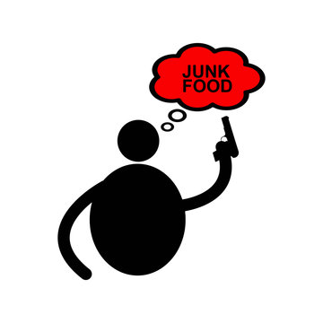illustration vector fat man icon using gun shooting word JUNK FOOD in thinking balloon