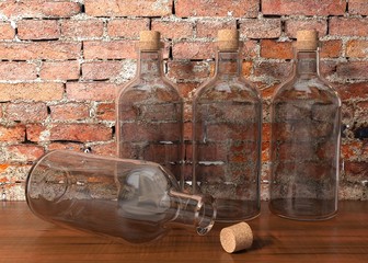 3D rendering glass bottles on wood floor