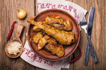 Meat of duck cooked in a double boiler, top view
