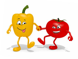 pepper and tomato cartoon hand in hand