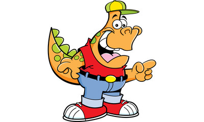 Cartoon illustration of a dinosaur wearing a baseball cap and pointing.