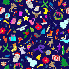 Seamless background with simple hand-drawn icons on the theme of winter holidays