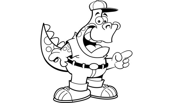 Black and white illustration of a dinosaur wearing a baseball cap and pointing.