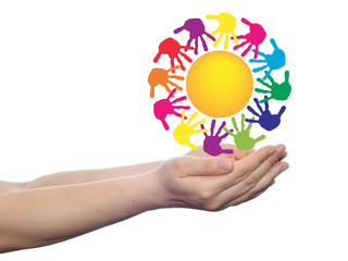 Concept circle of hands, yellow sun symbol